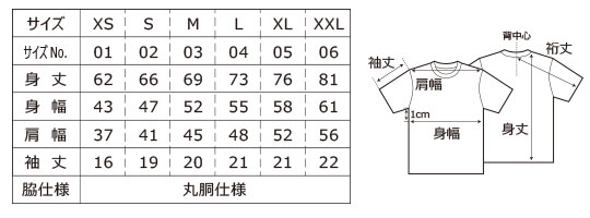 UA4252番のTシャツのサイズ表